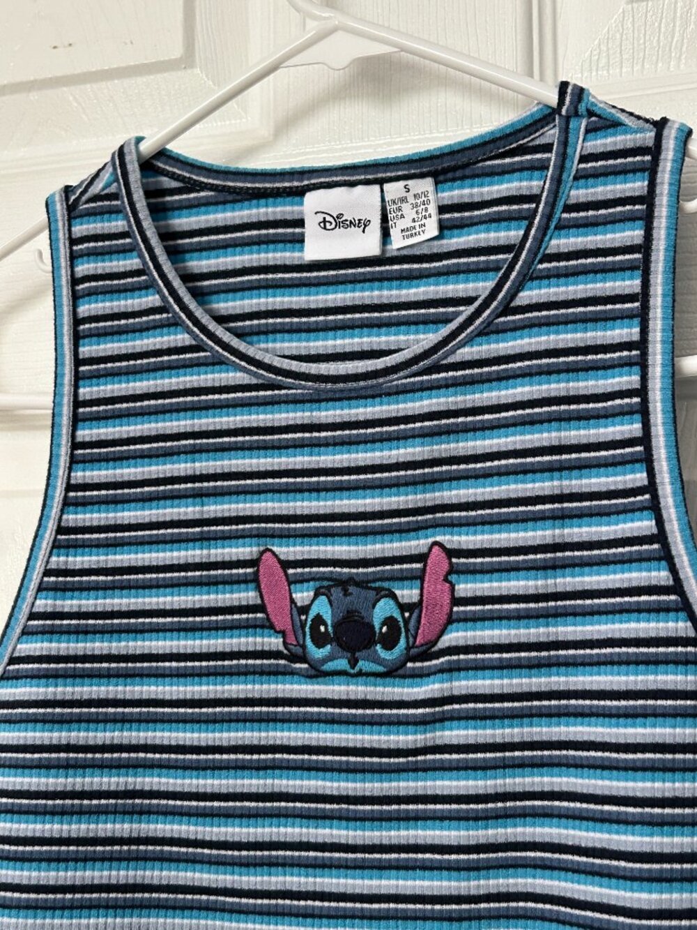 Disney Blue Striped Tank Top Women's Small Embroidered Stitch Ribbed Fabric - Picture 4 of 6